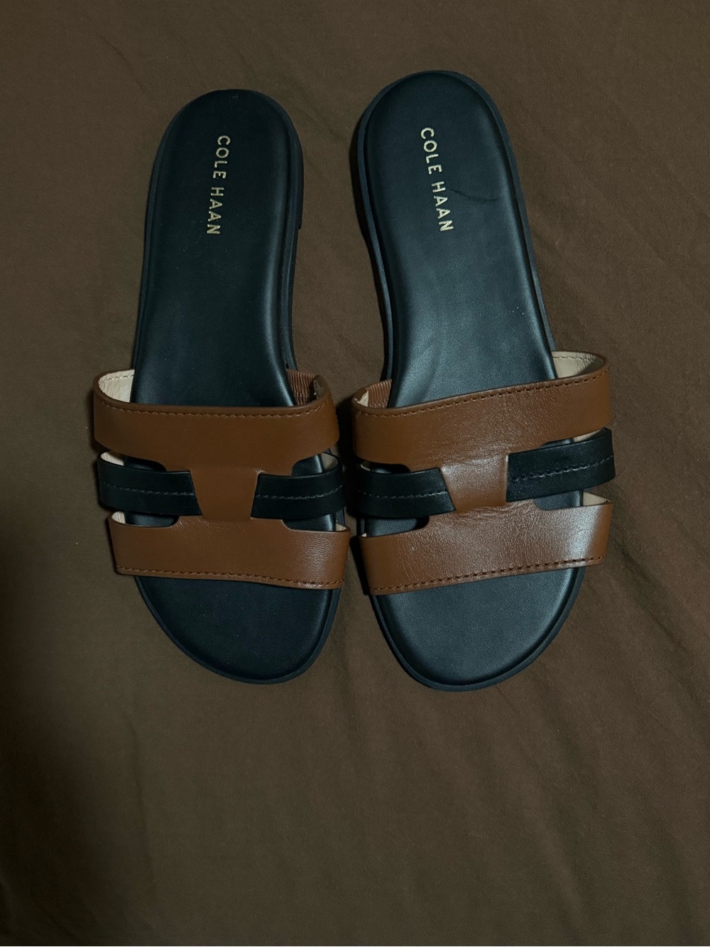 Cole Haan Brown and Black Leather Slide Sandals